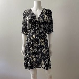 BA&SH Bash Size 4 Mini Dress Soma Button Down Black Floral Short Sleeve Viscose